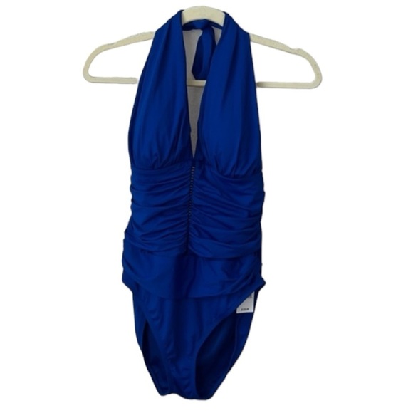 Bleu By Rod Beattie Shirred Halter One Piece Swimsuit In Cobalt Size 14 - Picture 2 of 12